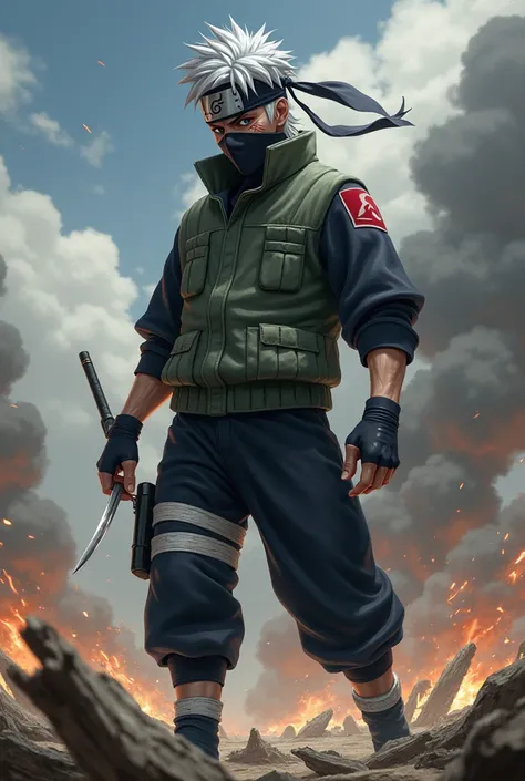 Kakashi hatake in battleground, with blood scar on face , angry mood
