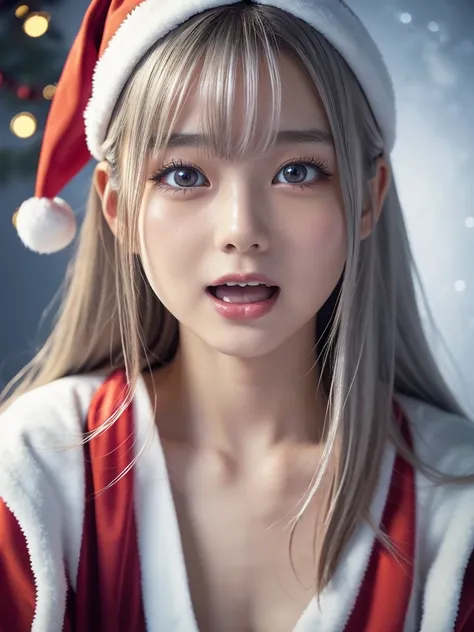 NSFW,Beautiful attention to detail,Droopy eyes,Beautiful lip detail, Very detailed eyes and face, Long eyelashes, A girl of half Scandinavian and half Japanese descent, Fantasy Characters, (Santa Claus Costume:1.25),smile,short silver hair,Very detailed, D...