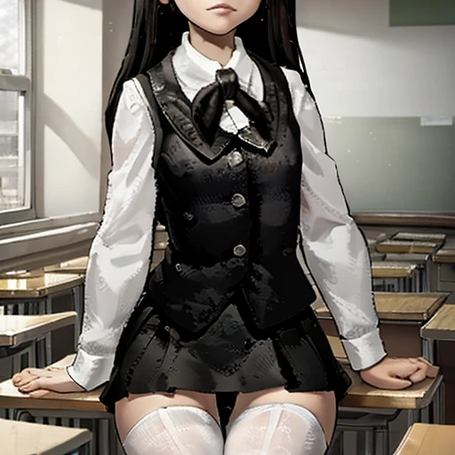 masterpiece, high quality, girl in school skirt and white tights, beautiful figure, slender legs, thin waist, black hair, shirt & vest, stands in the classroom,Polina Tiny bunny