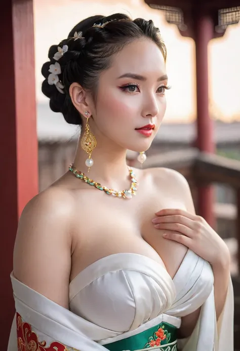 realistic,(earrings, breast), from side, male pov, 
(girl), (Bridal Accessories for hanfu Cheongsam Kwa Phoenix), (strapless), (shawl), (Cosplay photo), ((cleavage)), 
chill out, highres, french braid, heterochromia, 
((huge breast)), ((large breasts)), (m...