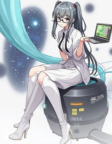 anime girl wearing glasses with ponytails sitting on machine with laptop and space in background, (ponytail forehead hair pulled back:1.3), (black hair:1.3), anime girl of the future, alchemist girl, labcoat, portrait anime space cadet girl,anime style, fr...