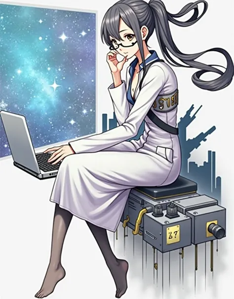 anime girl wearing glasses with ponytails sitting on machine with laptop and space in background, (ponytail forehead hair pulled back:1.3), (black hair:1.3), anime girl of the future, alchemist girl, labcoat, portrait anime space cadet girl,anime style, fr...