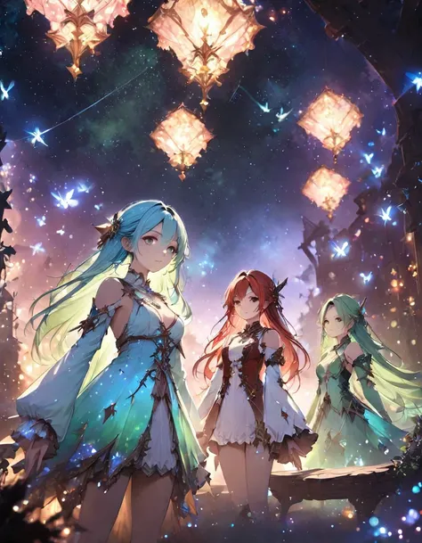 Highest quality、masterpiece、Very detailed、Finely detailed、High resolution、8k wallpaper、Fine and beautiful eyes、Three Girls（Red Haired Girl、Blue Hair Girl、Green-haired girl）、Fantasy、Countless firefly-like lights are flying