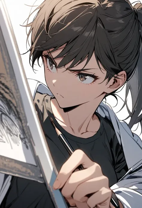 close up, serious look, drawing, girl, ponytail, tomboy, tomboyish, black tshirt, white coat, jeans, medium breasts