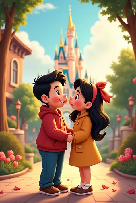 Animated Disney drawing of a young and chubby couple with black-haired man and dark-brown-haired woman with a Disney background and matching clothes