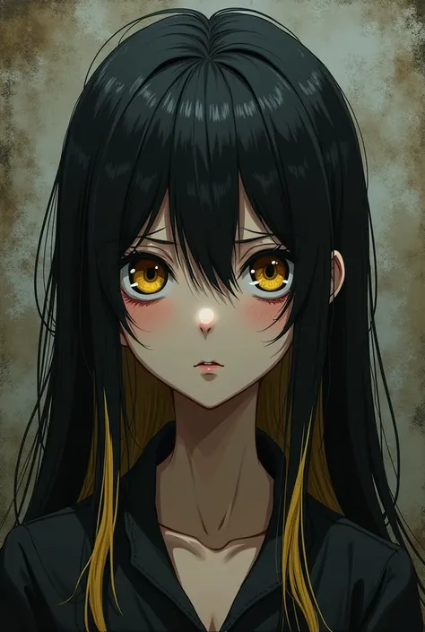 Make me a mystical y2k grunge emo anime type image of someone with the pum pum face from the oyasumi pumpum manga with black hair and blonde highlights, that is small and in the style of death note 