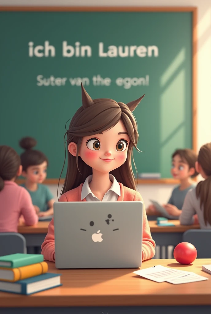 Create an image of a young female teacher as the character Pusheen sitting in a B2 German language class. She is sitting at her desk with a silver MacBook, a few books, and a medium colorful ball on the desk. Behind her is an big elektro smartboard with wr...