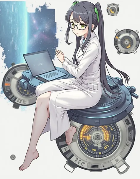 anime girl wearing glasses with ponytails sitting on machine with laptop and space in background, (ponytail forehead hair pulled back:1.3), (black hair:1.3), anime girl of the future, alchemist girl, labcoat, portrait anime space cadet girl,anime style, fr...