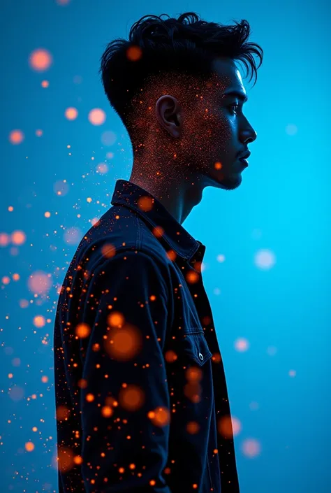 ashion editorial photography, medium shot of an asian man,Blue background,Orange contrast,Tech patterns, Dynamic silhouette, Virtual devices, Light effects and particles, Futuristic typography, Dynamic movement,Abstract geometry