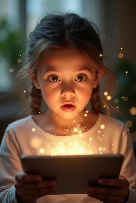 Realistic Photo a girl with surprised face,holding tablet,magical and cute things come out from screen,(best quality,4k,8k,highres,masterpiece:1.2),ultra-detailed,(realistic,photorealistic,photo-realistic:1.37),HDR,UHD,studio lighting,ultra-fine painting,s...