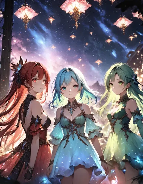 Highest quality、masterpiece、Very detailed、Finely detailed、High resolution、8k wallpaper、Fine and beautiful eyes、Three Girls（Red Haired Girl、Blue Hair Girl、Green-haired girl）、Fantasy、Countless firefly-like lights are flying