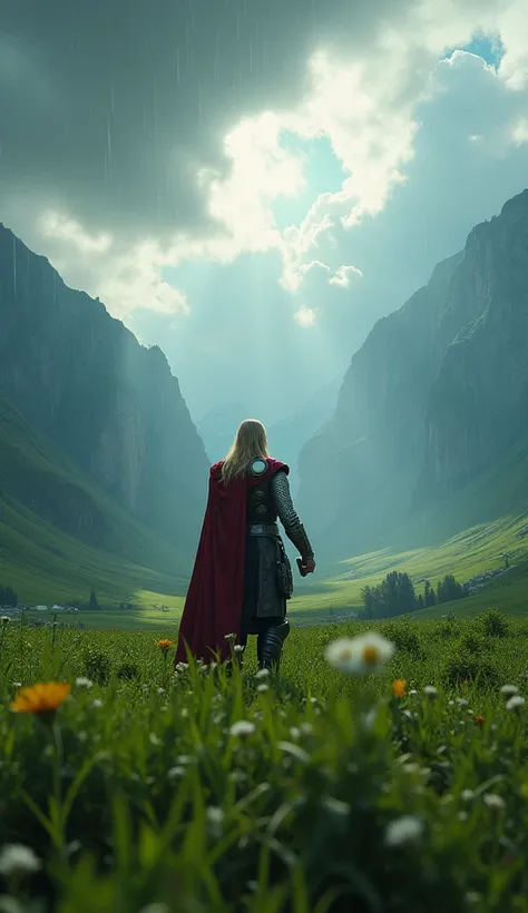 
5-Thor, a protective god blessing the earth, Norse mythology, in Viking armor with Mjolnir raised, a green field in Midgard, calling upon the rain to aid farmers and bring fertility to the land, with lush fields and mountains in the background, wide-angle...