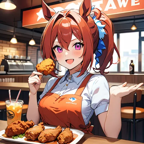 high quality,Daiwa Scarlet(umamusume)、canteen、Horse tail、Detailed hairstyle、Detailed hair ornament、Private Server、Have fried chicken