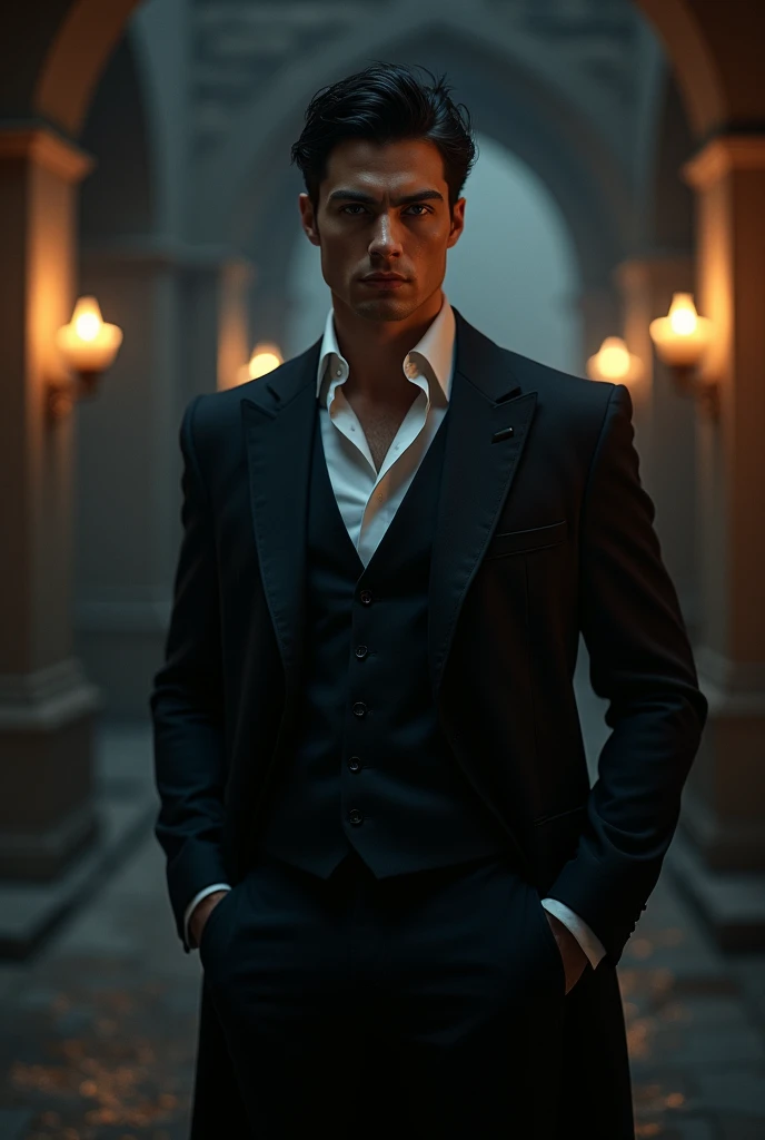 Man in dark suit with white shirt too formal and elegant and perfect . , grey eyes, black hair, strong, attractive, dangerous and sensual beauty (WITH ONE EYE GREY AND THE OTHER BLACK). Evil look of handsome villain. The scene is in a dark tunnel with cand...