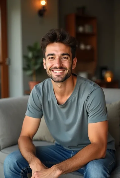 Profile photo for a social network of a young 2 Canarian man. The young man is sitting on the sofa