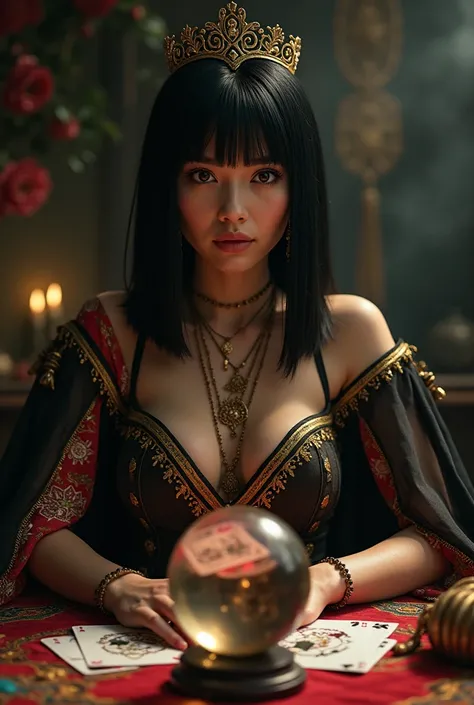 woman, shoulder-length straight black hair, medium bust, dressed as a card fortune teller, crystal ball, gypsy, looking at the camera, photorealistic