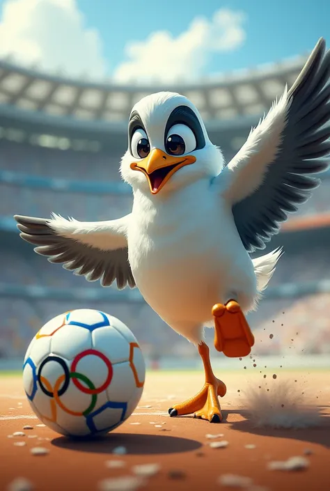 Olympics mascot seagull playing football 