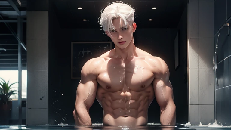 A young boy with white hair，fair skin，handsome，The triangle briefs are wet, so I took half of them off.，裸上半身Soaked in milk，Showing six-pack abs and chest muscles with water droplets on them，Soaked in milk，纖細長腿Soaked in milk，The bottom highlight is very lar...