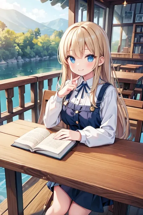 ((High resolution, High-resolution model, Highest quality))One girl, solo, Cafe,Table seating,reading,One Book,Cups on the table,Seats with a view outside,Peaceful space,Chic décor,smile, 