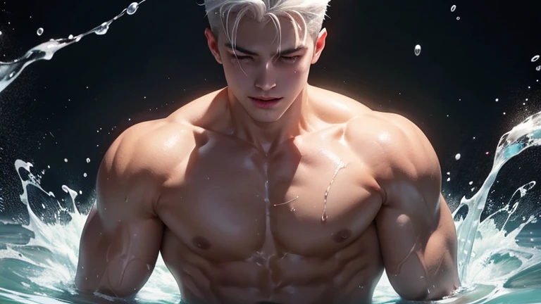 A young boy with white hair，fair skin，handsome，The triangle briefs are wet, so I took half of them off.，裸上半身Soaked in milk，Showing six-pack abs and chest muscles with water droplets on them，Soaked in milk，纖細長腿Soaked in milk，The bottom highlight is very lar...