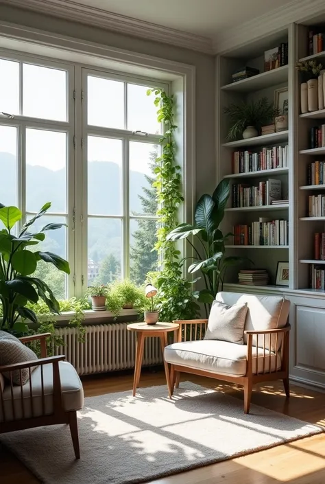 Make a library room in a house. With a light grey theme lots of windows and plants 