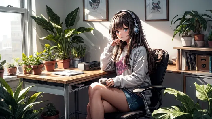 A teenage girl sits with a cat.,Happily listening to music at my desk.,In a quiet room filled with plants and cute decorations.