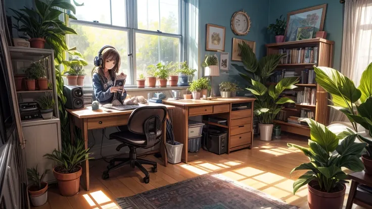 A teenage girl sits with a cat.,Happily listening to music at my desk.,In a quiet room filled with plants and cute decorations.