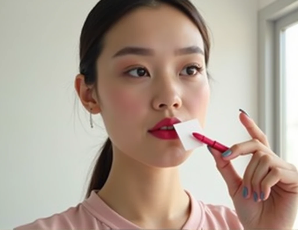 An image of an innovative makeup product, where the lipstick is a thin, square sheet of paper. It shows a woman applying the paper lipstick on her face. She tears off a piece of the lipstick sheet, He places it over his mouth and sprays it with water., whi...