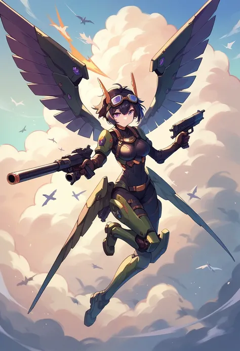 1girl, solo, breasts, short hair, black hair, holding, purple eyes, weapon, wings, sky, cloud, holding weapon, gun, goggles, holding gun, flying, goggles on head, mecha musume