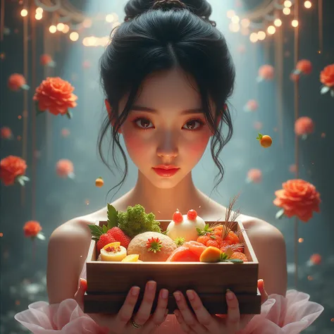 1girl,surreal bento box,extremely detailed,hyper realistic,8k,photorealistic,intricate details,beautiful colors,dramatic lighting,cinematic composition,imaginative concept,surreal atmosphere,elegant japanese style,vibrant food textures,floating elements,ci...