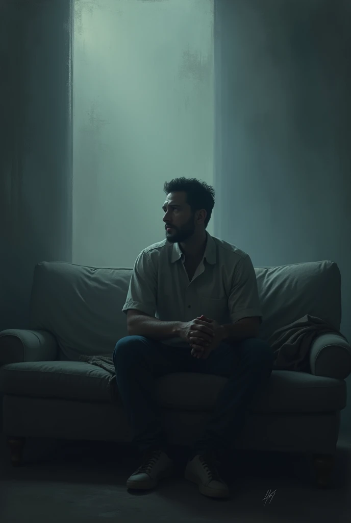 I need a man sitting on a sofa with a pensive melancholic background

