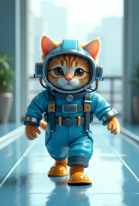 (photorealism:1.2), cute cat wearing diving suit walking on the runway