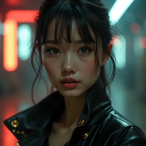 ((RAW photo), absurd, (absurdresolution)), masterpiece, best quality, (best shadow), beautiful detailed glow, hyperrealism, beautiful girl, lolita, smiling, 2, beautiful, (cyberpunk), elegant woman looking at the camera in black leather clothes, ((The face...