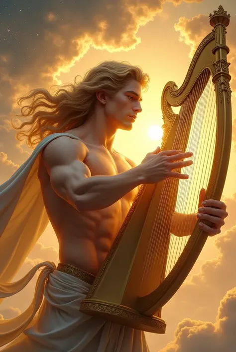 god apollo, God of beauty with his golden harp, God of Greek mythology, in high quality 