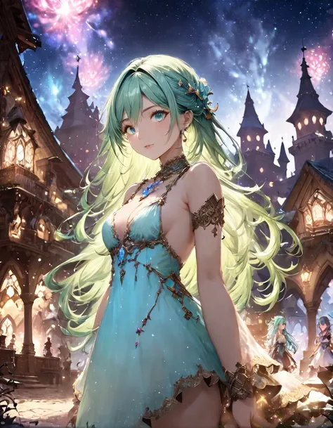 Highest quality、masterpiece、Very detailed、Finely detailed、High resolution、8k wallpaper、Fine and beautiful eyes、Three Girls（Red Haired Girl、Blue Hair Girl、Green-haired girl）、Fantasy、god々A beautiful castle is in the background.、Countless firefly-like lights ...