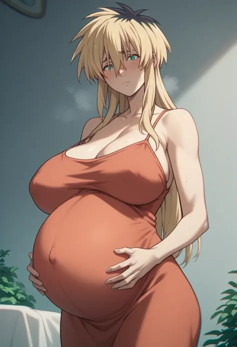 Huge breasts、Long chest、blush、Sweat、In the heat、Miyako Ishida, Long Hair, bangs, Blonde, Black Hair, Hair between the eyes, Green Eyes, Multicolored Hair, Two-tone hair,
{Highest quality}, {so beautiful}, {Very detailed}, {Best illustrations},Pregnant wome...