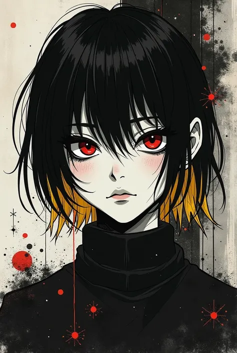 Hazme una imagen de un chico tipo Y2K, grunge emo of someone with the pum pum face from the oyasumi pumpum manga with black hair and blonde highlights and in the style of death note in black and white, old manga type, meme type cybersigilism type, abstract...