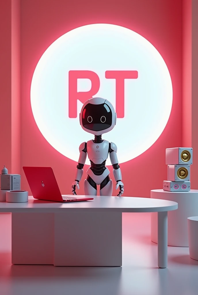 "Create a modern studio scene with a sleek design. At the front and center of the scene, place a stylish table. Behind the table, position a futuristic AI avatar with a friendly appearance. On the table, place a red laptop and a microphone in front of the ...