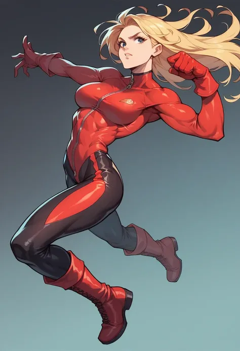 1girl, comics, long blonde hair, black costume, red costume, zip-up bodysuit, black sides, red gloves, red boots, athletic physique, dynamic pose