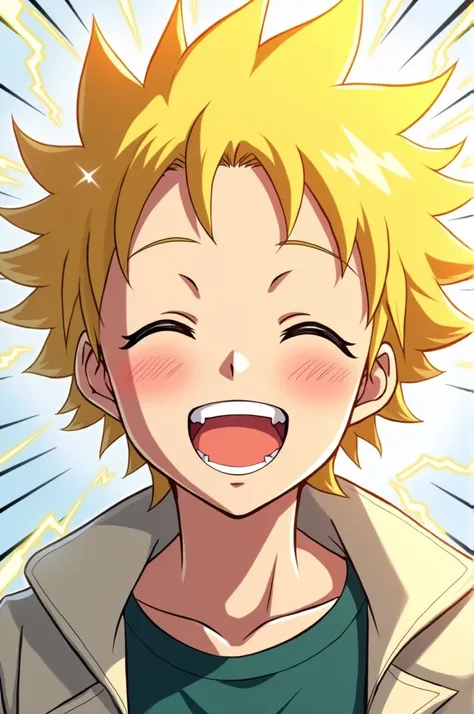 I want Denki keminari headshot in happy face expression and sparkling hair