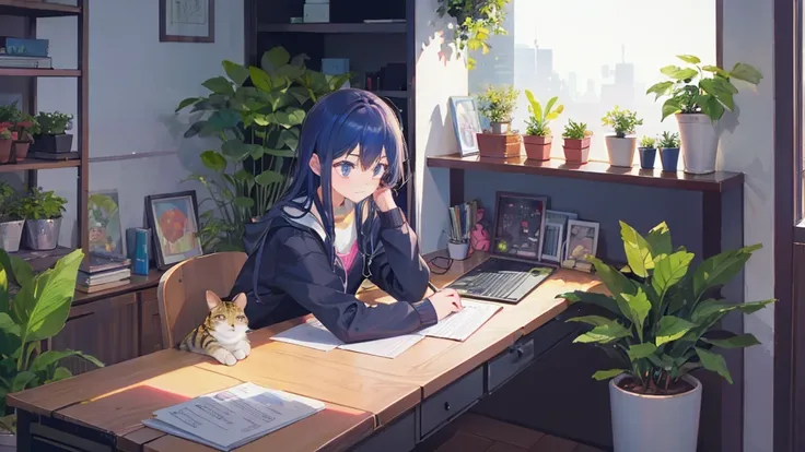 A teenage girl sits with a cat.,Happily listening to music at my desk.,In a quiet room filled with plants and cute decorations.