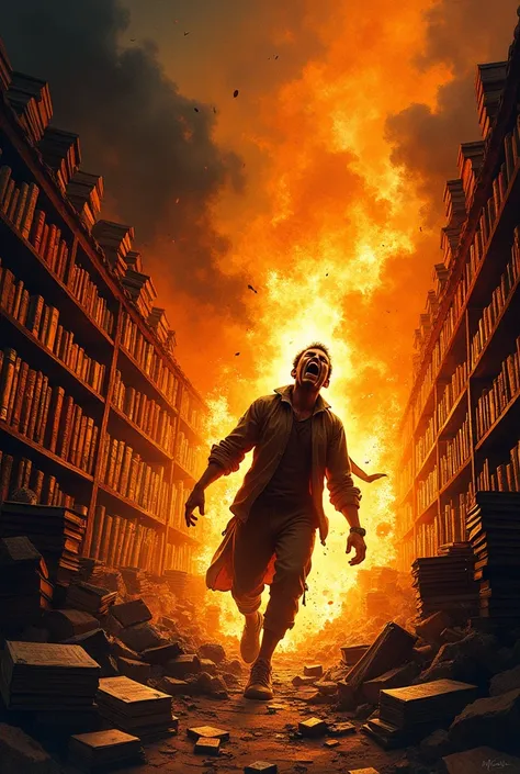 Make an image of expressionism showing a burning bookseller