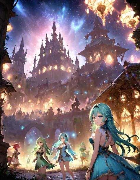 Highest quality、masterpiece、Very detailed、Finely detailed、High resolution、8k wallpaper、Fine and beautiful eyes、Three Girls（Red Haired Girl、Blue Hair Girl、Green-haired girl）、Fantasy、god々A beautiful castle is in the background.、Countless firefly-like lights ...