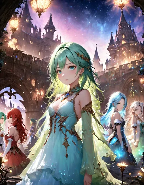 Highest quality、masterpiece、Very detailed、Finely detailed、High resolution、8k wallpaper、Fine and beautiful eyes、Three Girls（Red Haired Girl、Blue Hair Girl、Green-haired girl）、Fantasy、god々A beautiful castle is in the background.、Countless firefly-like lights ...