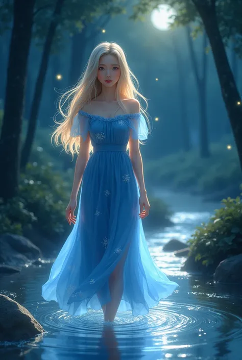 a girl in a blue dress, walking through a stream that glows softly at night, with ethereal lights floating around and moonlit trees. long blonde hair, pale skin, KOREAN, closeup, wearing medium blue dress with white prints