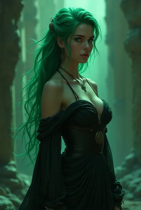 Beautiful adult woman with green hair and green eyes with perfect anatomy, Ancient Greek clothing black color besieged in the Underworld 