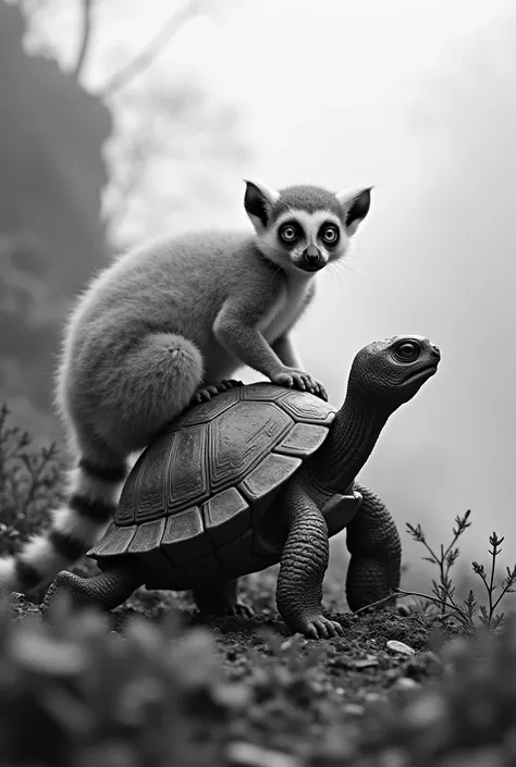 Black and white turtle and lemur