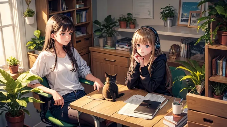 A teenage girl sits with a cat.,Happily listening to music at my desk.,In a quiet room filled with plants and cute decorations.