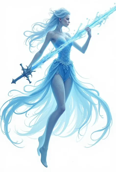 ,Create a sprite for a video game character made entirely of water. A sea princess who is not human with a dress made of water and a sword The character must be in a pose in "t" for 3d modeling. The background must be transparent, since this is for a video...