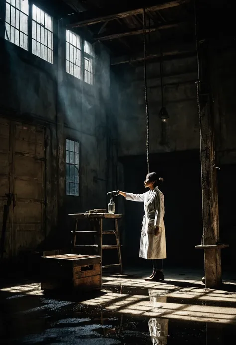 Inside the warehouse, the high ceiling with exposed beams, dusty light streaming in through the window, Genius Botanist beauty Misaki Sato tied to the central iron post, spotlight from a suspended light bulb, determination on her bruised face, dirty lab co...